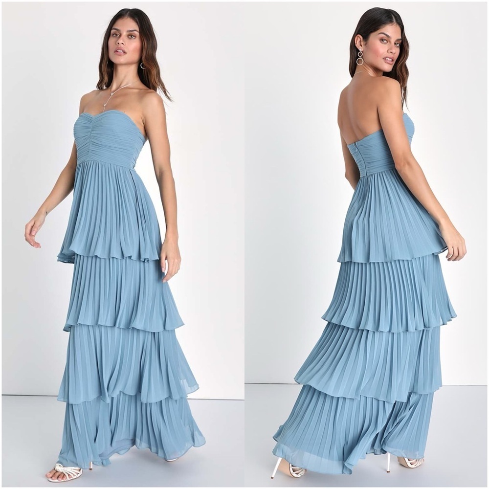 LULU'S Seriously Sensational Light Blue Strapless Tiered Maxi Dress